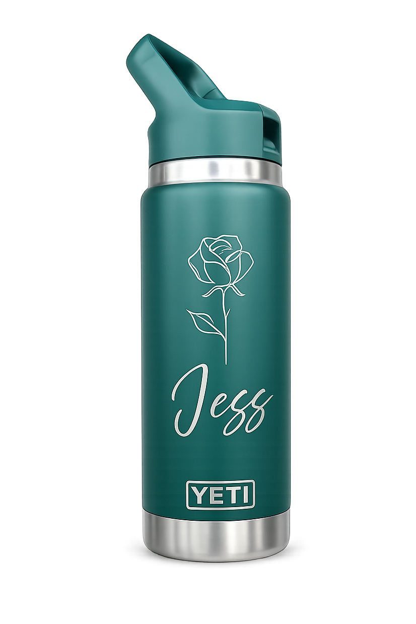 Teal YETI water bottle with a rose design and 'Jess' text on a white background