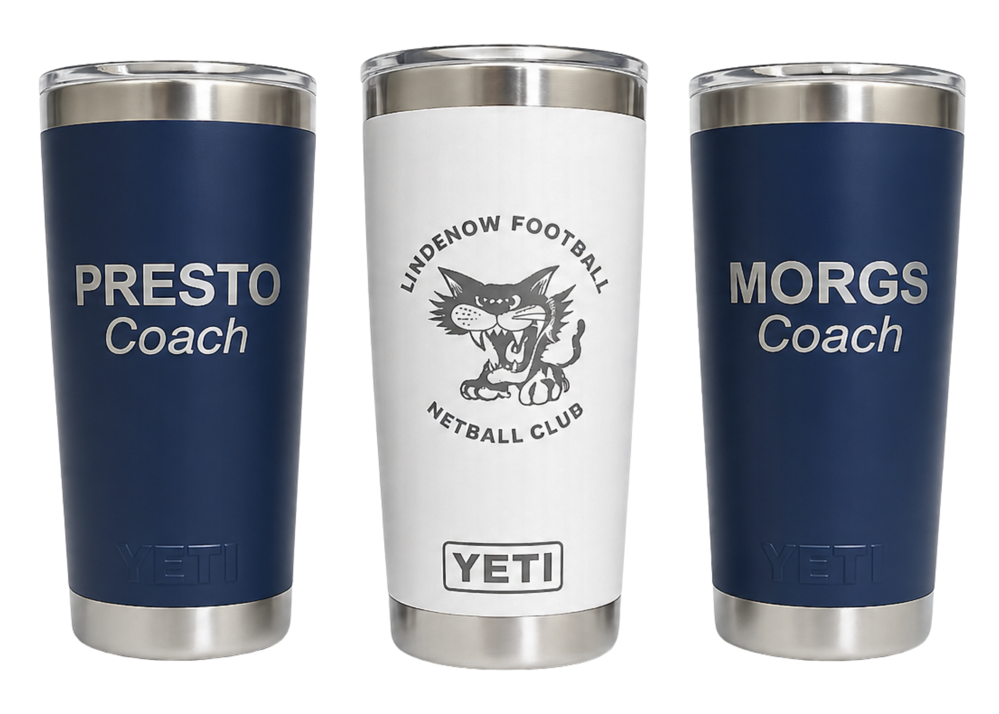 Three Yeti tumblers with personalized text on a white background