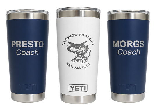Three Yeti tumblers with personalized text on a white background